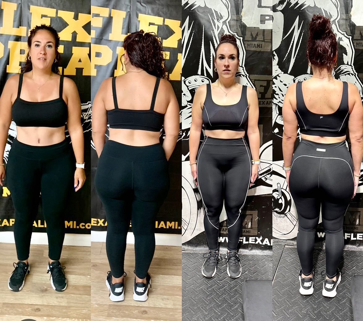 Before and after body composition photos of a Marval Fitness training client, shown from front and back